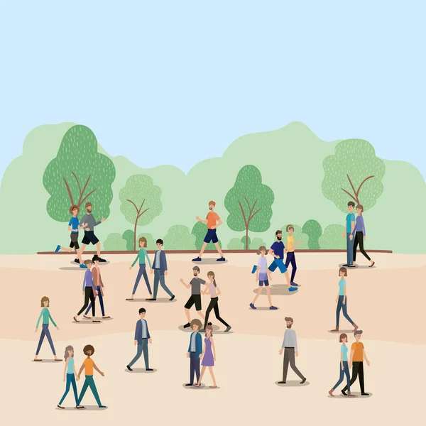 Grupo de personas caminando y corriendo en los personajes del parque — Vector de stock