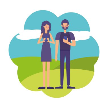 Genç çift Smartphone manzara modunda kullanma