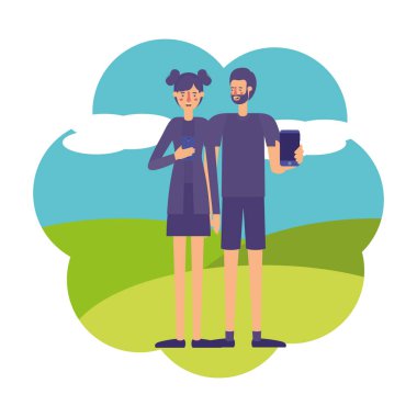 Genç çift Smartphone manzara modunda kullanma