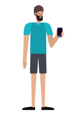 sakal ve smartphone ile genç adam