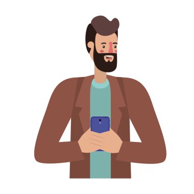 sakal ve smartphone ile genç adam