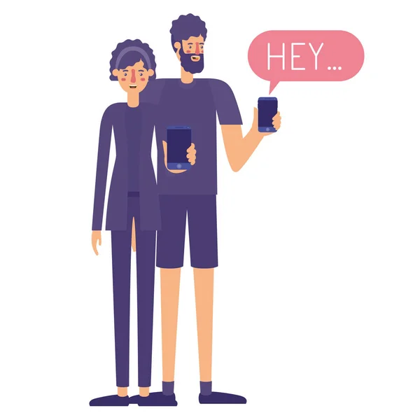 Couple using smartphone with speech bubble — Stock Vector