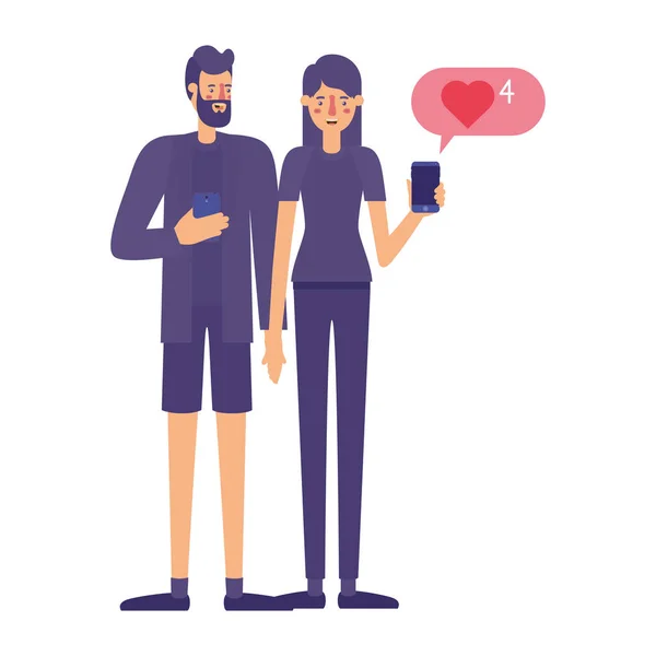 Couple utilisant un smartphone avec bulle vocale — Image vectorielle