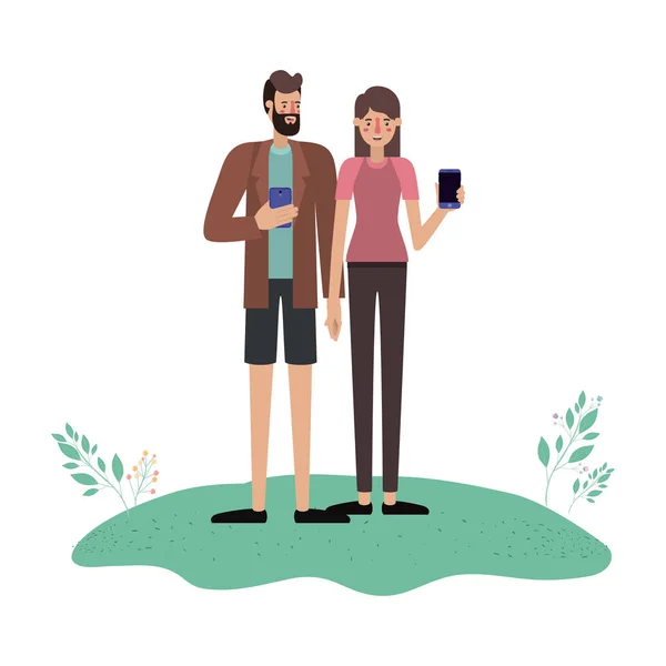 Young couple using smartphone in grass — Stock Vector