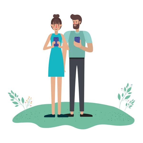 Νεαρό ζευγάρι χρησιμοποιώντας το smartphone στο γρασίδι — Διανυσματικό Αρχείο