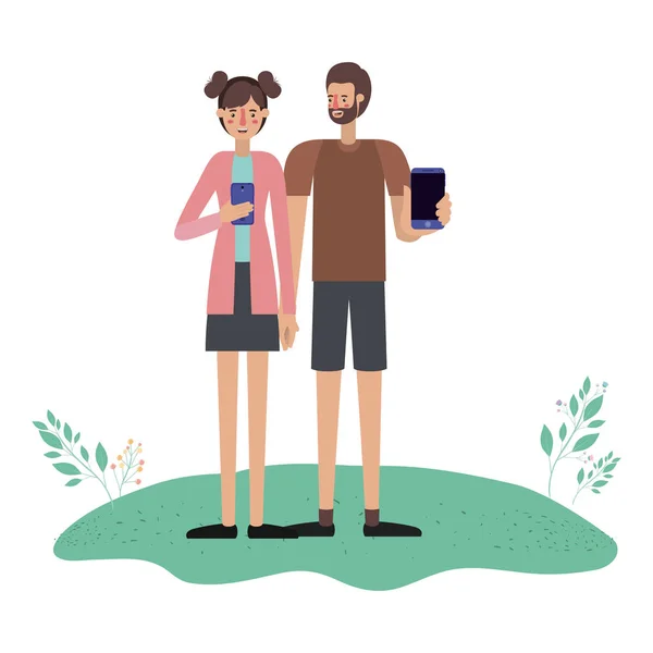 Young couple using smartphone in grass — Stock Vector