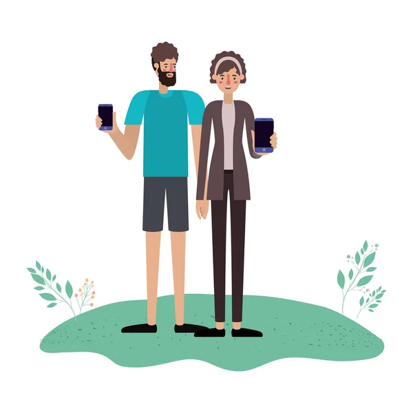 Mladý pár pomocí smartphone v trávě — Stockový vektor