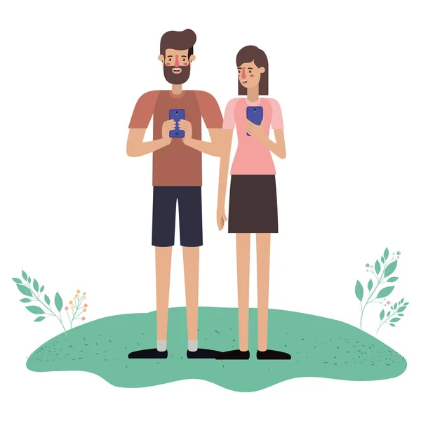 Young couple using smartphone in grass — Stock Vector