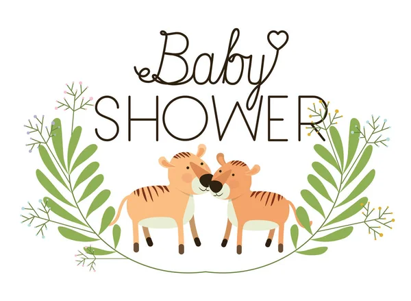 可爱的老虎夫妇与花圈婴儿淋浴卡 — 图库矢量图片