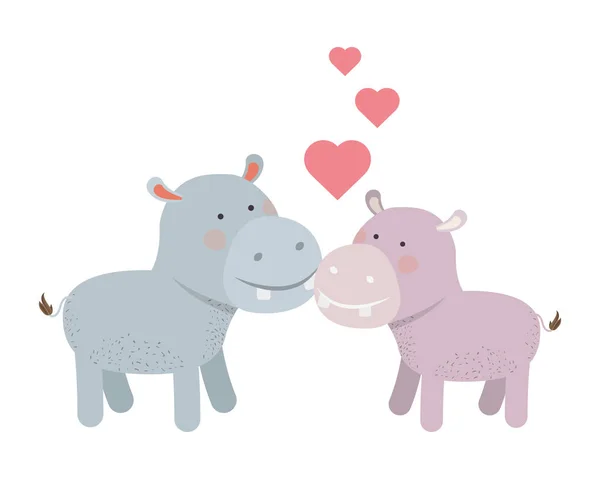 Cute couple hippos with hearts — Stock Vector