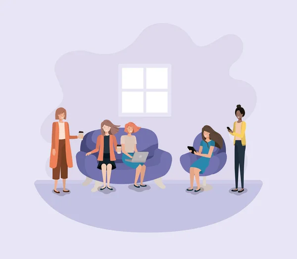 Skupina žen v obývacím pokoji pomocí technologie — Stockový vektor