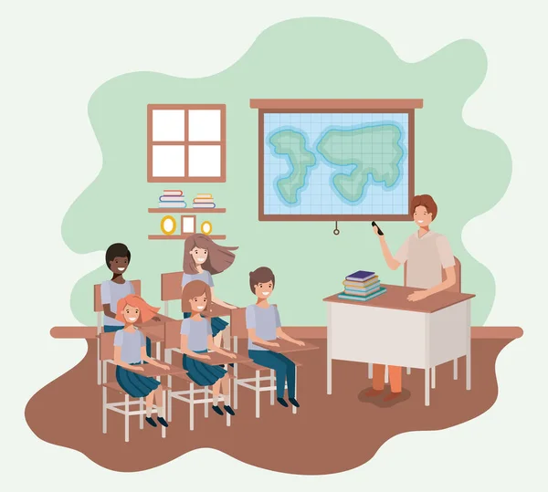 Profesor en la clase de geografía con los estudiantes — Vector de stock