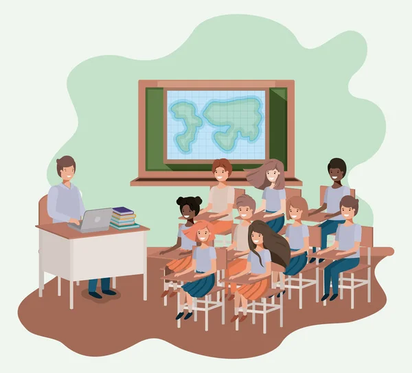 Lehrer im Geografieunterricht mit Schülern — Stockvektor