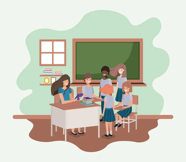 Female teacher in the classroom with students — Stock Vector