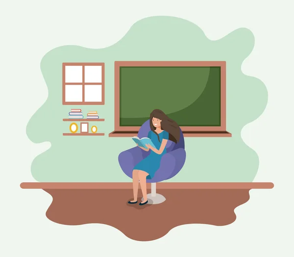 Klassrummet med kvinnlig lärare läsa bok i soffan — Stock vektor