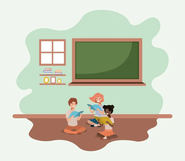 Klassrummet med etnicitet elever sitter läsebok — Stock vektor