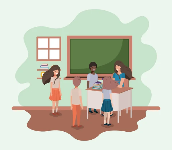 Δασκάλα στην τάξη με τους μαθητές — Διανυσματικό Αρχείο