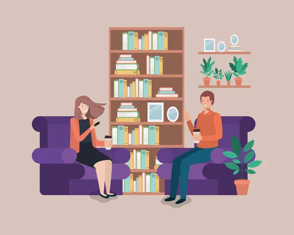 Couple on livingroom avatars characters — Stock Vector