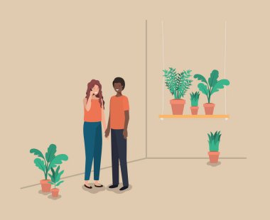 couple with houseplants in shelf clipart