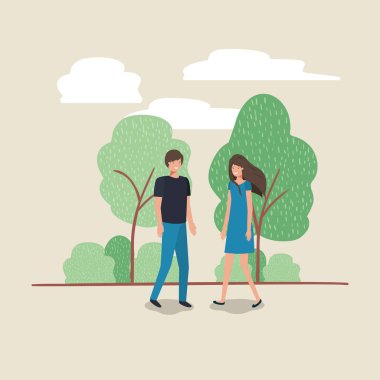 Genç çift park karakteri üzerinde yürüme