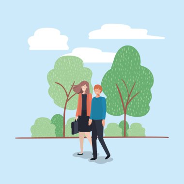 Genç çift park karakteri üzerinde yürüme