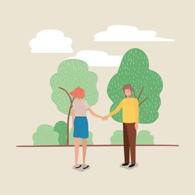 Genç çift park karakteri üzerinde yürüme