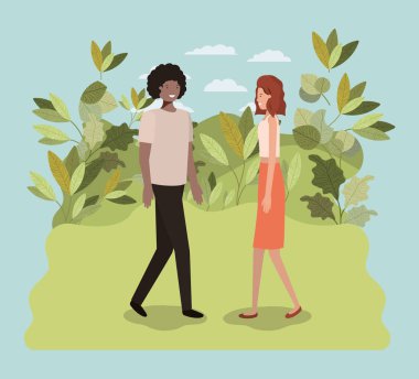 Genç çift park karakteri üzerinde yürüme