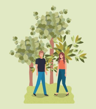 Genç çift park karakteri üzerinde yürüme