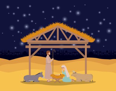 Kutsal Aile ve istikrarlı hayvanlarda Noel kartı
