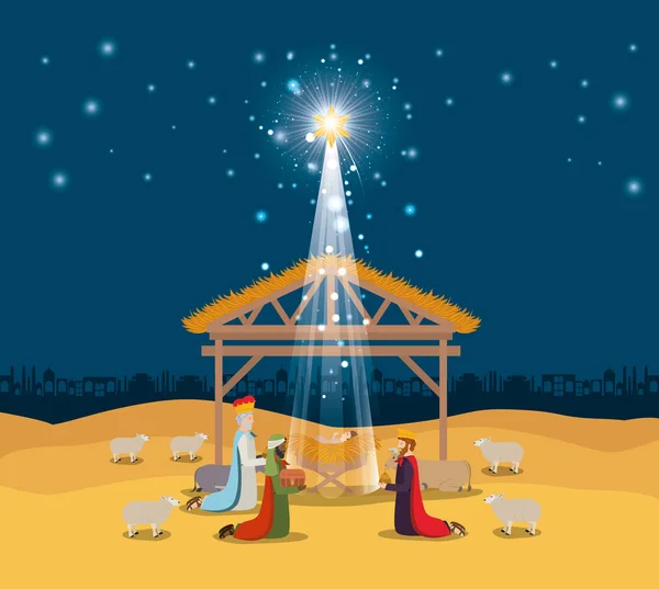 Familia santa en establo con reyes sabios pesebre — Vector de stock