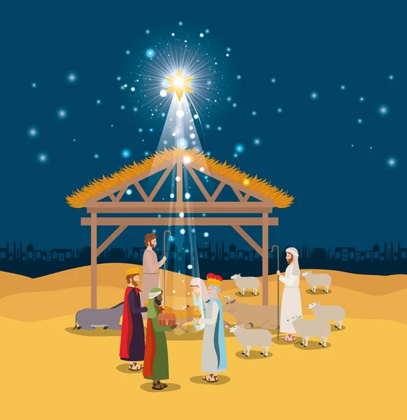 Holy family in stable with wise kings manger — Stock Vector