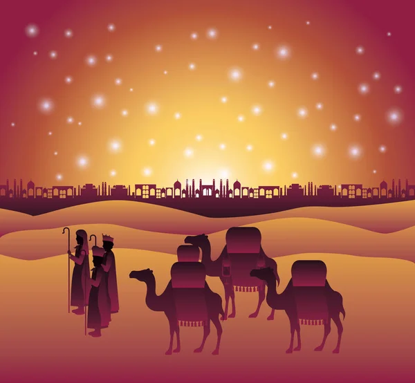 Sages voyageant dans le désert scène de Noël — Image vectorielle