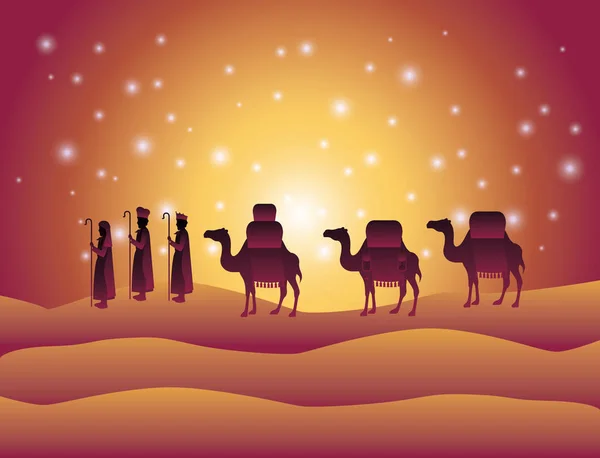 Wise men traveling in the desert christmas scene — Stock Vector