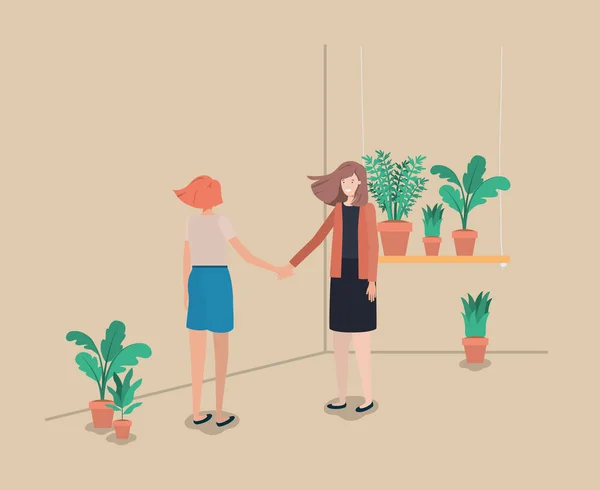ผู้หญิงที่มีพืชในชั้นวาง — ภาพเวกเตอร์สต็อก