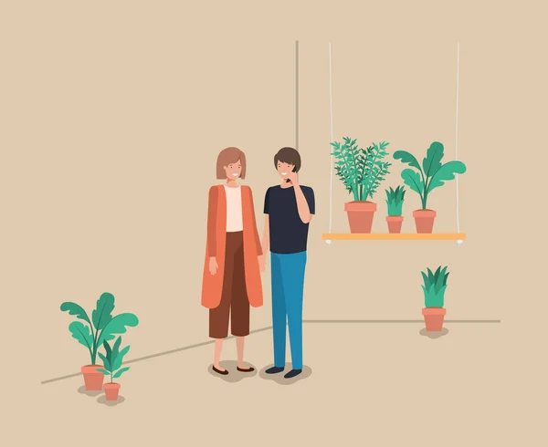 Couple avec plantes d'intérieur dans l'étagère — Image vectorielle
