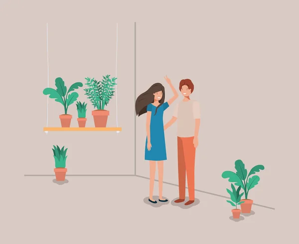 Couple with houseplants in shelf — Stock Vector
