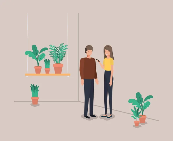 Pareja con plantas de interior en estante — Vector de stock