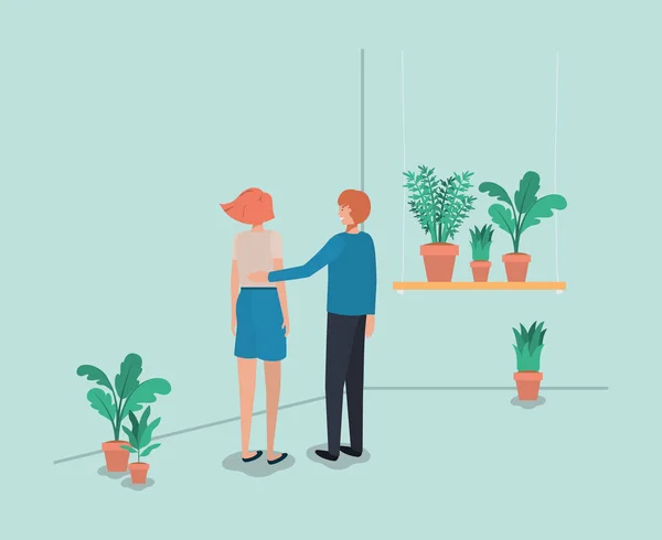 Couple avec plantes d'intérieur dans l'étagère — Image vectorielle