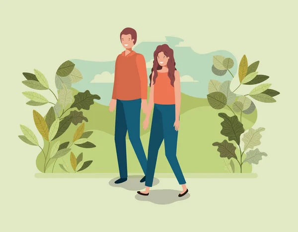 Junges Paar spaziert auf dem Parkcharakter — Stockvektor