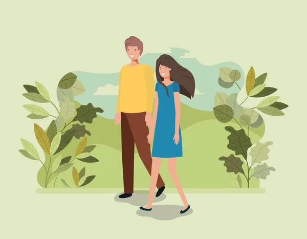 Νεαρό ζευγάρι περπάτημα στο πάρκο χαρακτήρα — Διανυσματικό Αρχείο