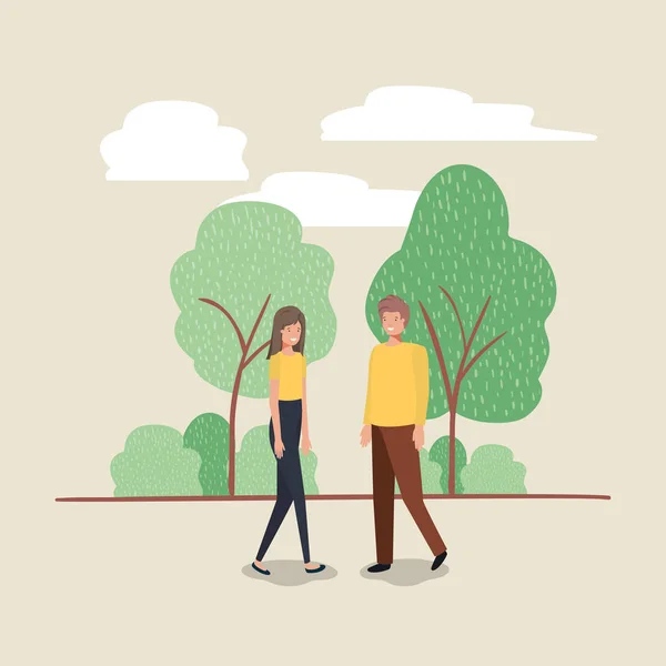 Young couple walking on the park character — Stock Vector