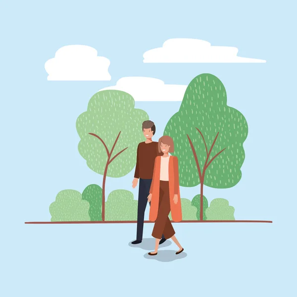 Young couple walking on the park character — Stock Vector