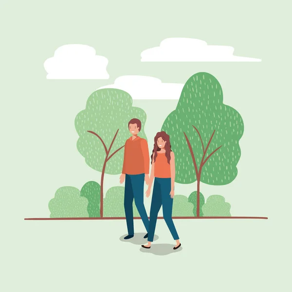 年轻夫妇走在公园的字符 — 图库矢量图片