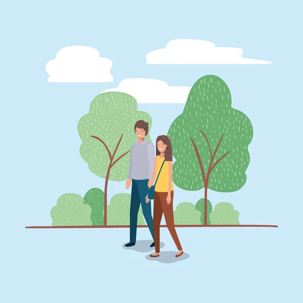 Junges Paar spaziert auf dem Parkcharakter — Stockvektor