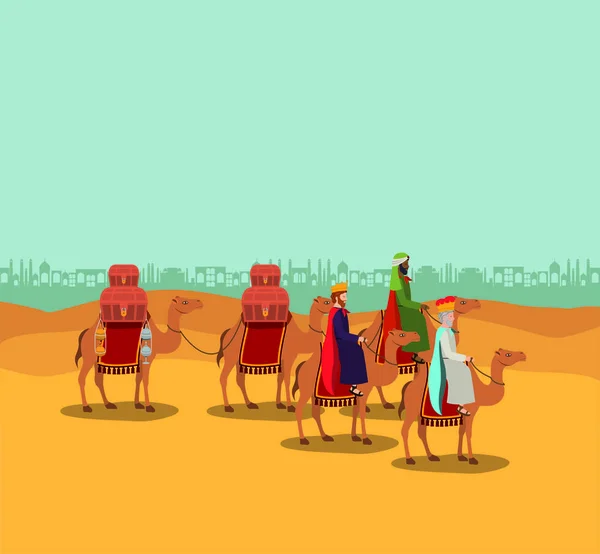 Wise men traveling in the desert christmas scene — Stock Vector