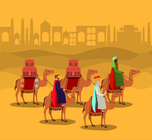 Sabios que viajan en la escena navideña del desierto — Vector de stock