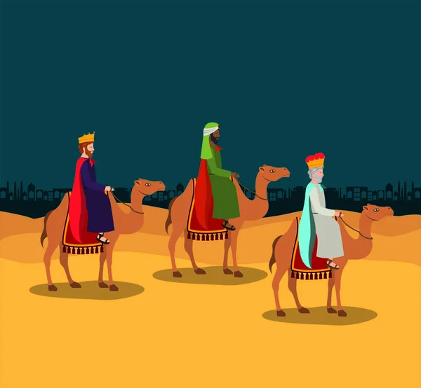 Wise men traveling in the desert christmas scene — Stock Vector