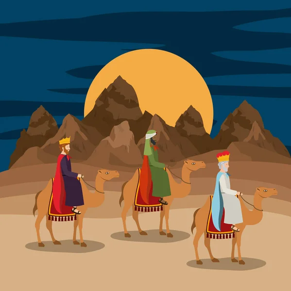 Wijze mannen reizen in de woestijn Kerst-scene — Stockvector