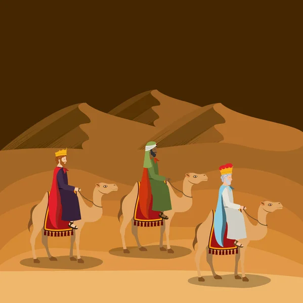 Мудрі чоловіки подорожують в пустелі Різдвяна сцена — стоковий вектор