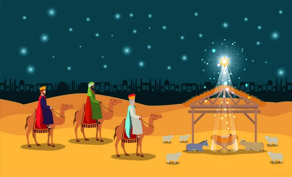 圣诞沙漠场景与神圣的家庭在稳定 — 图库矢量图片
